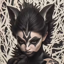 a female model with dark hair and cat ears on her face