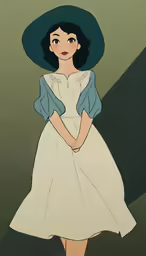 an animated girl wearing a dress and hat with her hands on her hips