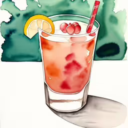 the gin tonic cocktail by a painting of a glass,a glass of alcohol with a straw, lemon and ice