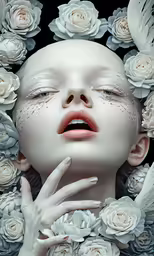 a girl with flowers surrounding her head