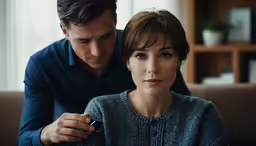 man helping woman put on her make up for the picture