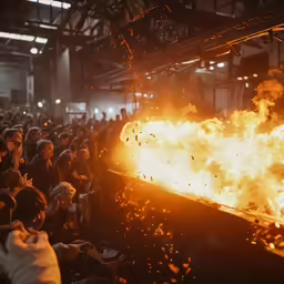 people standing around and watching some very big flames