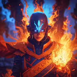 an anime character with blue eyes and a mask,a very cute looking guy with some flames