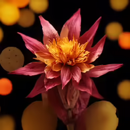 a single pink flower sitting on top of a wooden table