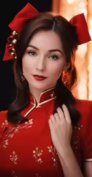 an oriental woman in red dress, wearing a large red bow