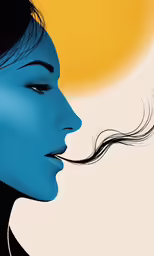 a woman with black hair blows smoke in front of the sun