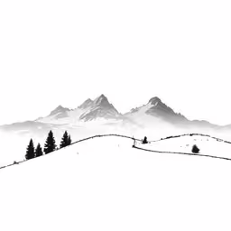 a black and white landscape with trees on a snowy hill