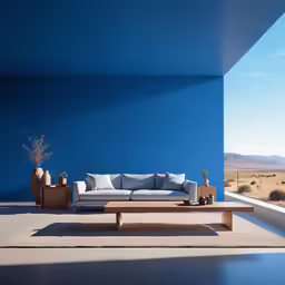 there is a large couch in the middle of a room with blue walls
