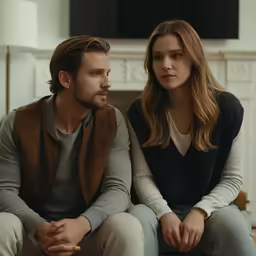 a couple in the middle of a conversation sitting down