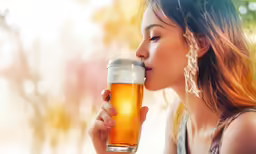 the woman is drinking from the cup of beer