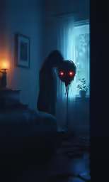 a woman is making a creepy red light into her face