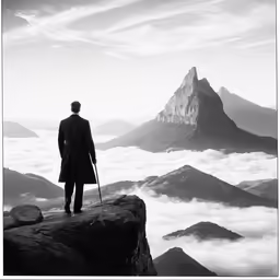 a man with cane looking over the mountains
