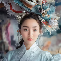 the woman is dressed in a white traditional chinese outfit and wearing a head piece