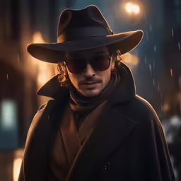 a man in a black hat and coat looking at the camera