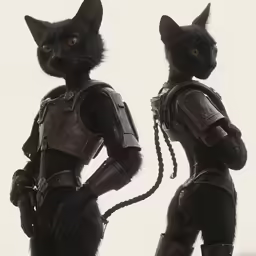two black cats in fancy outfits and chain mailers