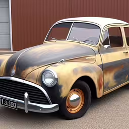 a vintage car that has been painted in rust,a gold and black car that is sitting outside