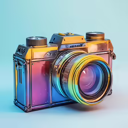 a colorful camera with the lens closed and facing away
