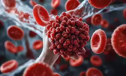 a red substance surrounded by several circular blood cells