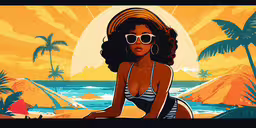 the woman is wearing sunglasses and bikini sitting on the beach,a woman wearing shades and a bikini sits on a beach near palm trees