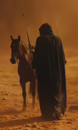 a person in a hooded jacket with his horse and staff