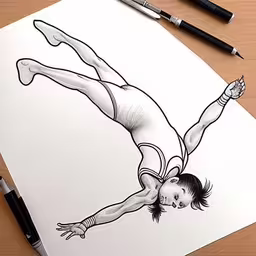 a drawing of a boy diving in a diving suit,the drawing has a girl doing a handstand on it