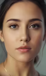 a woman with brown eyes wearing a choke necklace