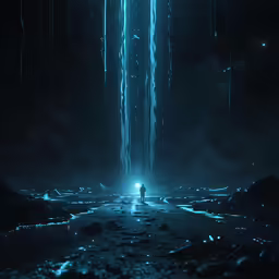 a man stands alone in the middle of a dark and icy landscape