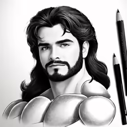 the face and shoulders of jesus with a pencil