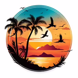 a sunset scene with birds flying over the beach and mountains