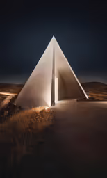 a long building with a very big triangle at night