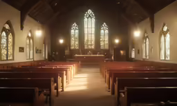 an empty church filled with pews and windows