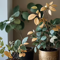 some leaves in planters are on a table
