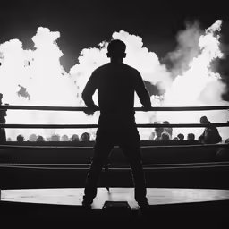 a man standing in front of a ring of smoke