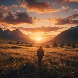 a man standing in a field at sunset looking to the mountains