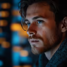 a man with blue eyes and a beard stares at something