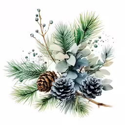 a green and blue watercolor christmas garland with pine cones and evergreen needles