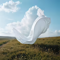 a piece of plastic flying through the air on top of a lush green field