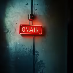 an orange sign reads on air next to a gray wall