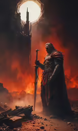 a man in costume standing in front of a pile of wood