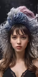 the woman has long hair and is wearing an odd hat