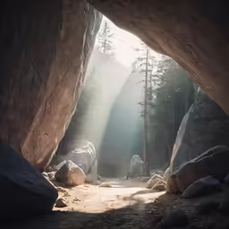 sunbeames through the window of a large rock formation