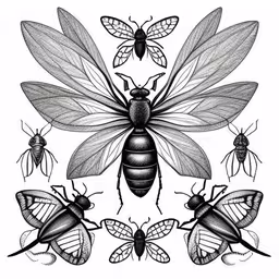 six insects sitting next to each other,an insect artwork print in black and white