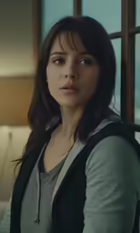 the young woman is looking straight ahead with the large breast