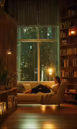 a young woman laying on her stomach in a dimly lit living room