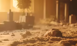 a young boy laying on the ground next to a building