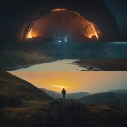 a series of photos that uses a light at the top and an image of a man standing in front of a mountain