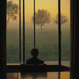 a person sitting in front of a window looking out at the tree outside