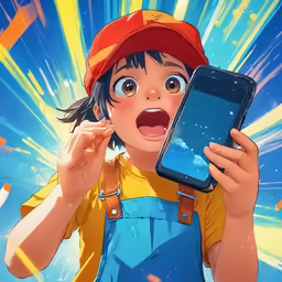 an asian character in overalls and red cap holding up a blue smartphone
