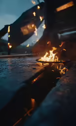 the fire is blazing at a picnic table