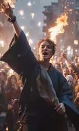 a person holds his arms aloft in front of a large crowd